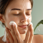 **

Close-up of a woman gently massaging a creamy cleanser onto her face. Soft, diffused lighting highlights the healthy glow of her skin. Focus on the texture of the cleanser and the serene expression on her face. Ingredients like chamomile flowers and aloe vera leaves are subtly visible in the background, suggesting natural, soothing elements.

**