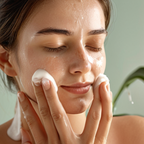 Home 7 **
Close-up of a woman gently massaging a creamy cleanser onto her face. Soft, diffused lighting highlights the healthy glow of her skin. Focus on the texture of the cleanser and the serene expression on her face. Ingredients like chamomile flowers and aloe vera leaves are subtly visible in the background, suggesting natural, soothing elements.
**