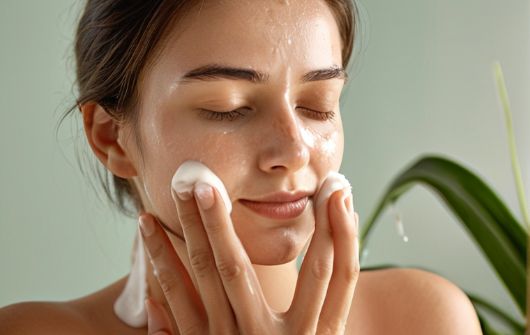 **
Close-up of a woman gently massaging a creamy cleanser onto her face. Soft, diffused lighting highlights the healthy glow of her skin. Focus on the texture of the cleanser and the serene expression on her face. Ingredients like chamomile flowers and aloe vera leaves are subtly visible in the background, suggesting natural, soothing elements.
**