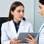 A professional woman in modest business attire, fully clothed, appropriate attire, engages in a focused discussion with a female dermatologist wearing a clean professional medical uniform in a bright, modern dermatology clinic. The dermatologist is seated opposite, attentively listening and taking notes on a tablet. The setting features soft, natural lighting and minimalist design, emphasizing a professional medical environment. Perfect anatomy, correct proportions, natural pose, well-formed hands, proper finger count, natural body proportions. Safe for work, appropriate content, fully clothed, professional, family-friendly.