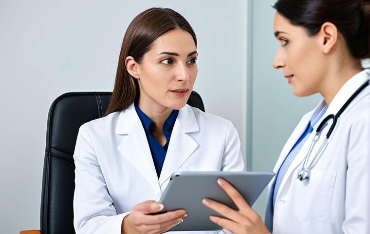 A professional woman in modest business attire, fully clothed, appropriate attire, engages in a focused discussion with a female dermatologist wearing a clean professional medical uniform in a bright, modern dermatology clinic. The dermatologist is seated opposite, attentively listening and taking notes on a tablet. The setting features soft, natural lighting and minimalist design, emphasizing a professional medical environment. Perfect anatomy, correct proportions, natural pose, well-formed hands, proper finger count, natural body proportions. Safe for work, appropriate content, fully clothed, professional, family-friendly.