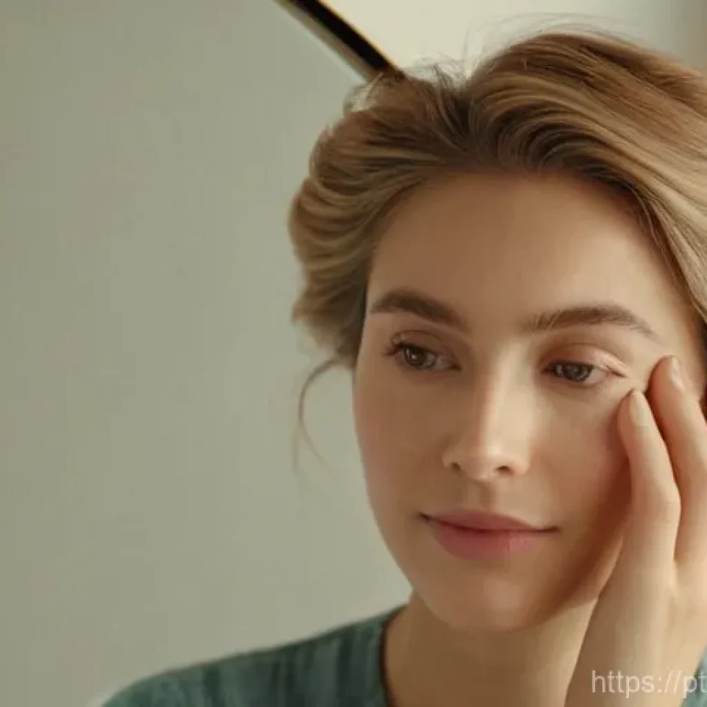 민감성 피부 관리 - **Prompt:** "A close-up, warm-toned portrait of a woman (20s-30s, pleasant, natural features) gently...