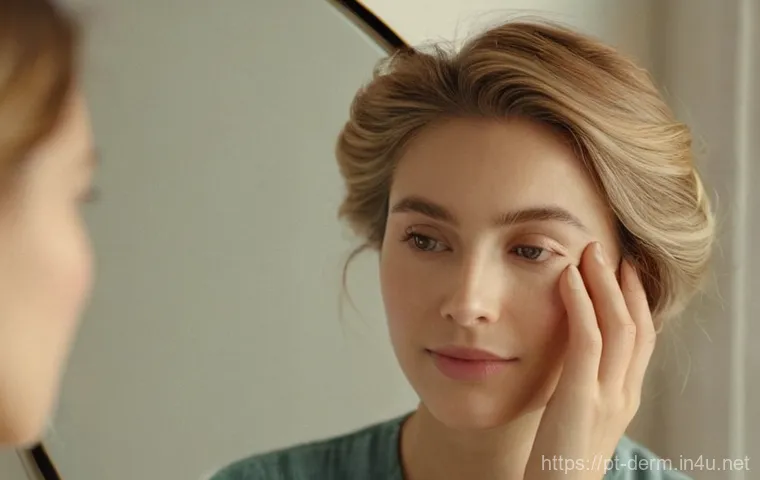 민감성 피부 관리 - **Prompt:** "A close-up, warm-toned portrait of a woman (20s-30s, pleasant, natural features) gently...