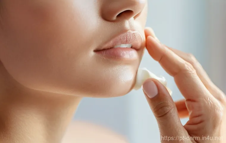 민감성 피부 관리 - **Prompt:** "A close-up, warm-toned portrait of a woman (20s-30s, pleasant, natural features) gently... 민감성 피부 관리 - **Prompt:** "A close-up, warm-toned portrait of a woman (20s-30s, pleasant, natural features) gently...