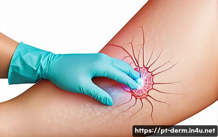 혈관 레이저 치료 - A close-up medical illustration of a female leg showing visible spider veins being treated with a Nd...