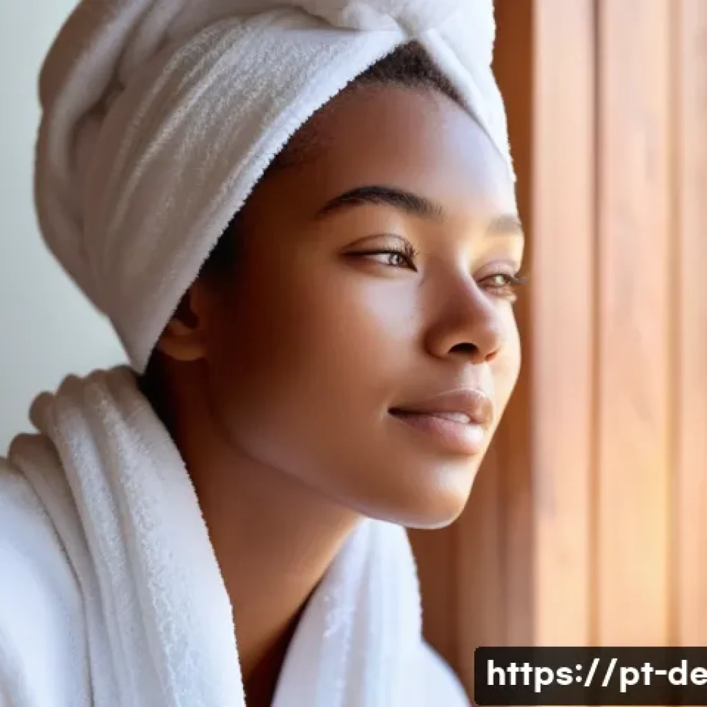 피부 건강 유지 팁 - A serene bathroom scene featuring a young woman with clear, oily skin gently cleansing her face usin...