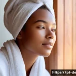Home 22 피부 건강 유지 팁 - A serene bathroom scene featuring a young woman with clear, oily skin gently cleansing her face usin...