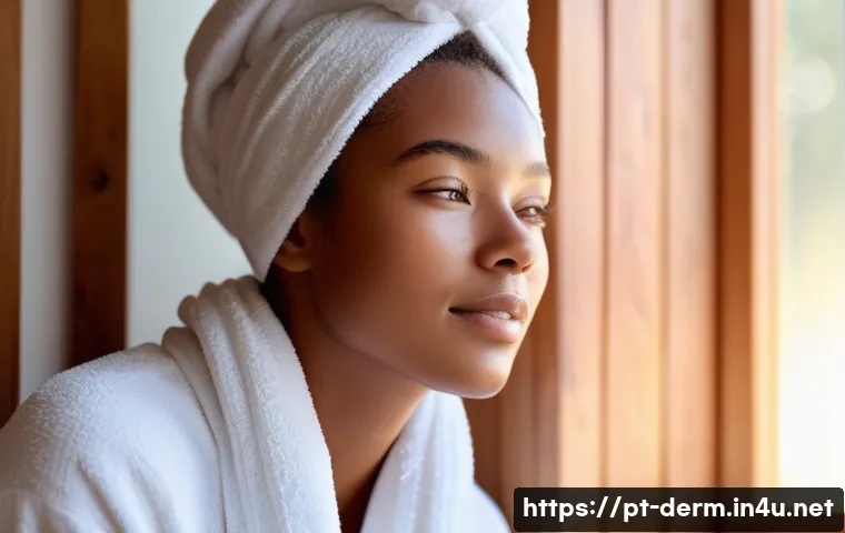 피부 건강 유지 팁 - A serene bathroom scene featuring a young woman with clear, oily skin gently cleansing her face usin...