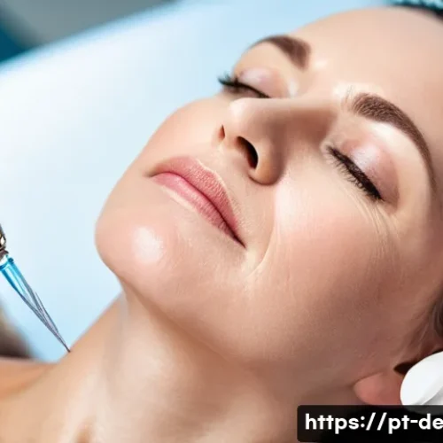 Home 33 목주름 개선 시술 - A close-up portrait of a middle-aged woman receiving microneedling treatment on her neck in a modern...