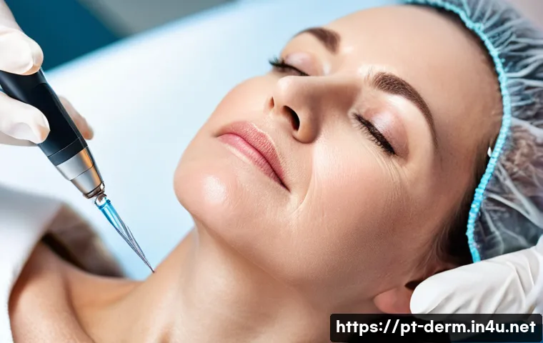 목주름 개선 시술 - A close-up portrait of a middle-aged woman receiving microneedling treatment on her neck in a modern...