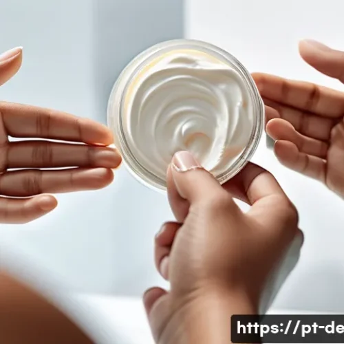 Home 32 피부 장벽 회복 크림 - A close-up, highly detailed image of a diverse group of people’s hands gently applying a creamy mois...