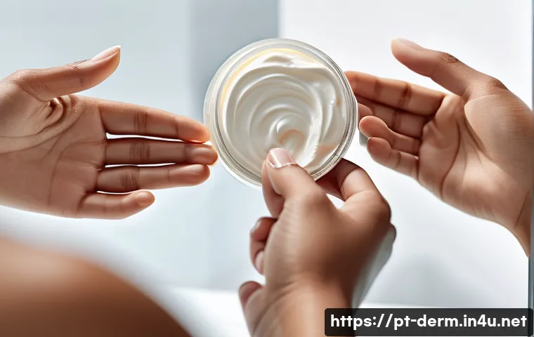 피부 장벽 회복 크림 - A close-up, highly detailed image of a diverse group of people’s hands gently applying a creamy mois...