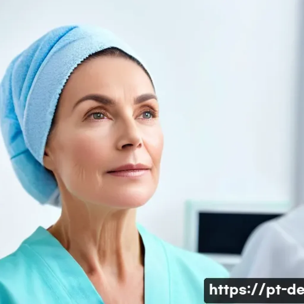 피부과 리프팅 시술 - A serene beauty clinic scene showing a middle-aged Portuguese woman comfortably undergoing a non-inv...