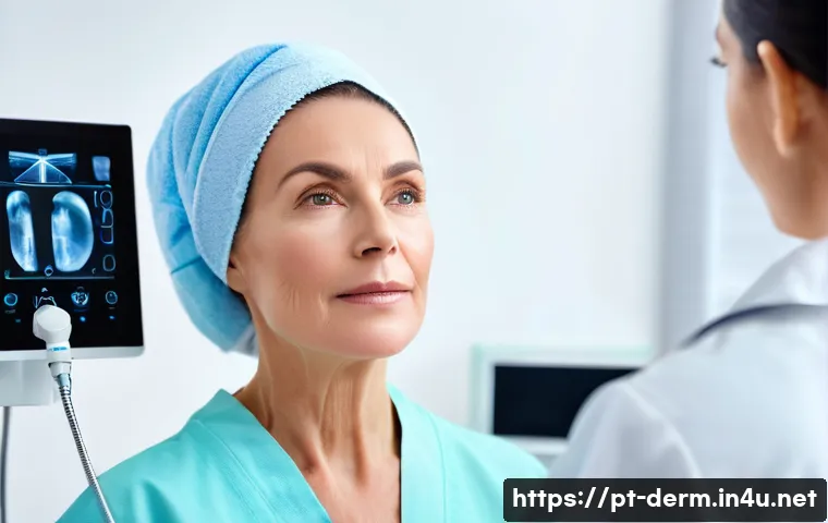 피부과 리프팅 시술 - A serene beauty clinic scene showing a middle-aged Portuguese woman comfortably undergoing a non-inv...