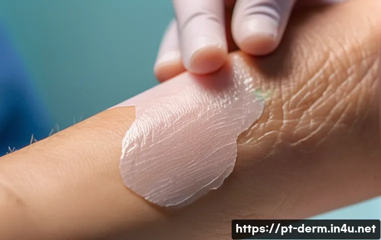 피부과 상처 치유 연고 - A detailed close-up of a person’s hand applying a wound healing ointment on a small superficial cut ...