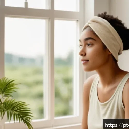 Home 33 모공 줄이는 홈케어 추천 - A serene bathroom scene featuring a young adult woman with clear, glowing skin gently applying a nat...