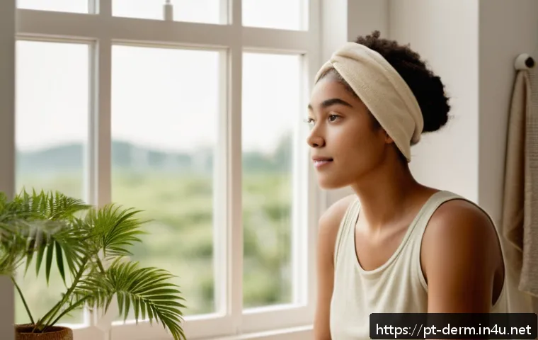 모공 줄이는 홈케어 추천 - A serene bathroom scene featuring a young adult woman with clear, glowing skin gently applying a nat...