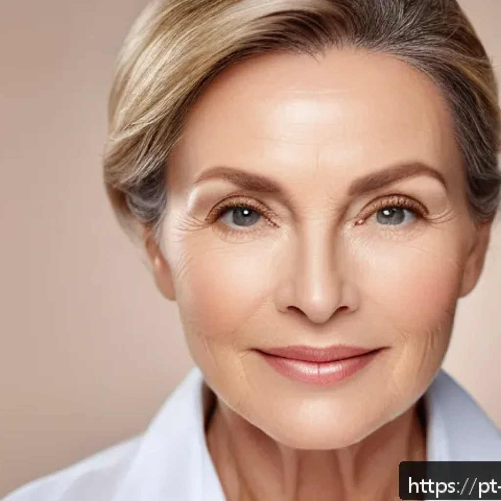 필러와 보톡스 차이점 - A close-up portrait of a middle-aged woman with smooth, youthful skin showing subtle facial contours...
