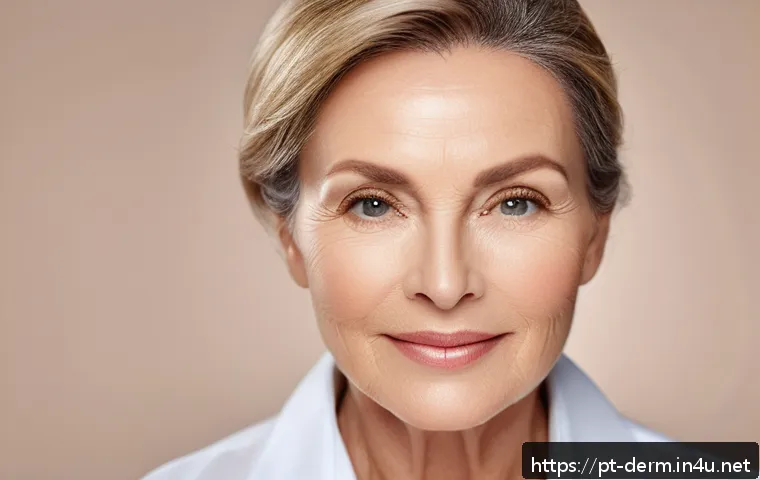 필러와 보톡스 차이점 - A close-up portrait of a middle-aged woman with smooth, youthful skin showing subtle facial contours...