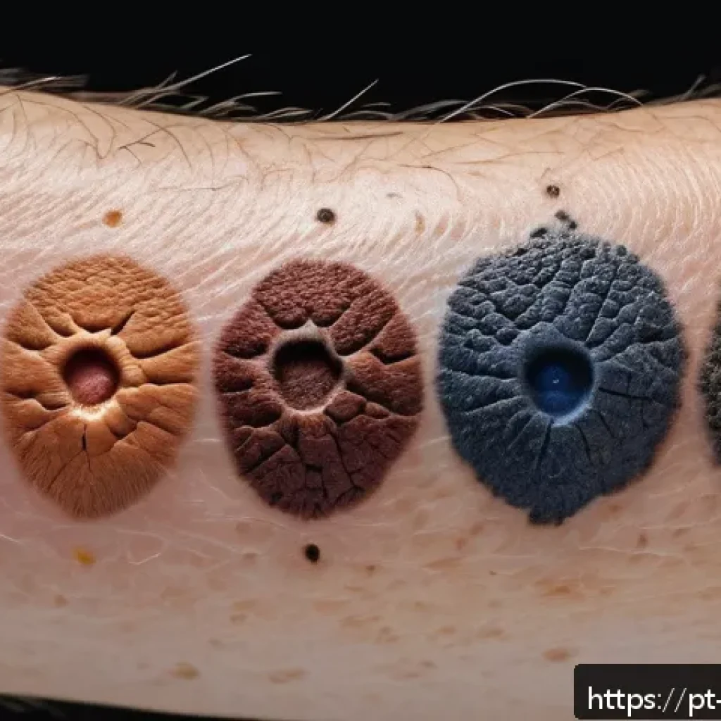 피부암 증상과 예방 - A detailed close-up of a person’s arm showing various skin spots and moles with different colors and...