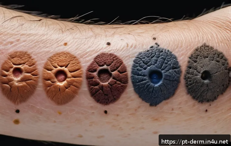 피부암 증상과 예방 - A detailed close-up of a person&rsquo;s arm showing various skin spots and moles with different colors and...