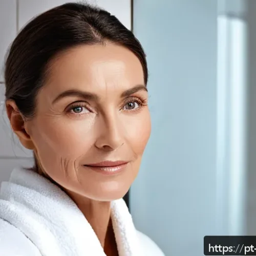 Home 17 피부 노화 방지 크림 추천 - A close-up portrait of a mature woman with flawless, radiant skin applying an anti-aging cream enric...