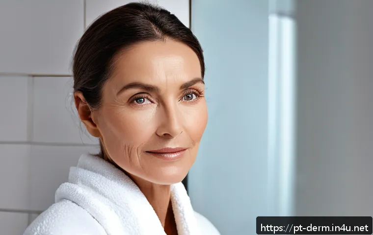 피부 노화 방지 크림 추천 - A close-up portrait of a mature woman with flawless, radiant skin applying an anti-aging cream enric...