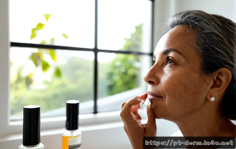 기미에 좋은 화장품 추천 - Photorealistic close-up of a middle-aged Brazilian woman with natural mild facial hyperpigmentation,...