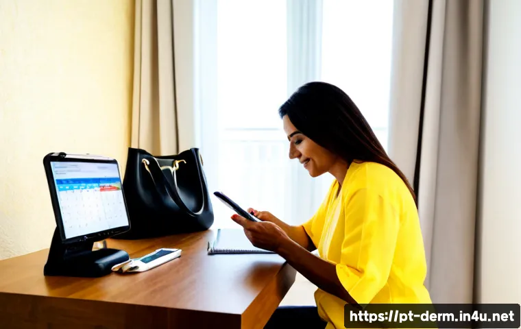 Home 31 피부과 예약 꿀팁 - Photorealistic Brazilian woman in her 40s calmly booking a dermatology appointment on a smartphone a...