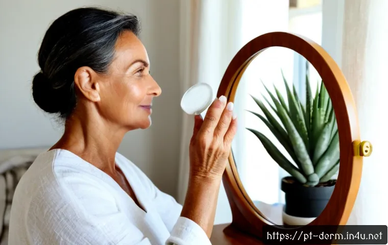 Home 30 피부 탄력 개선 습관 - Photorealistic morning skincare routine in a bright Portuguese coastal apartment, mature Brazilian w...