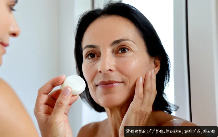 Home 17 피부 시술 후 재생크림 - Photorealistic close-up of a middle-aged Portuguese woman at home gently applying a small amount of ...